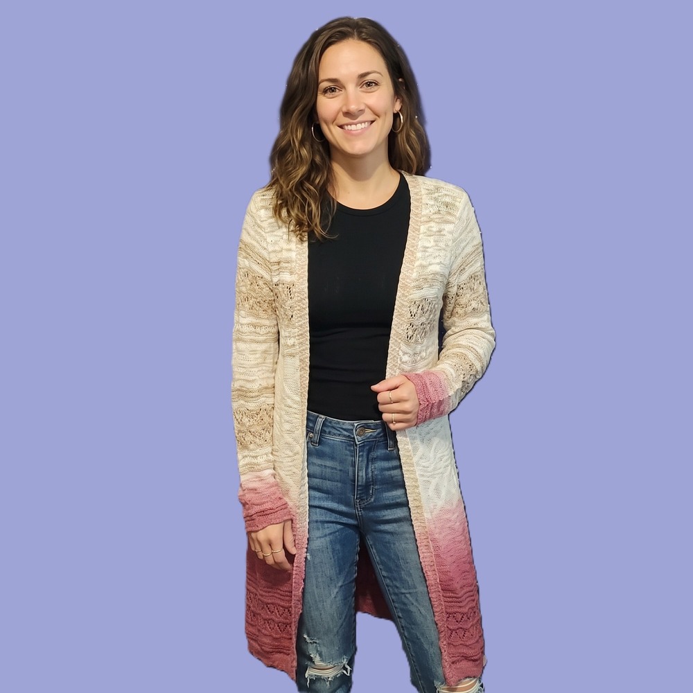 Maurices Womens Large Ombre Pointelle Knit Longline Cardigan Duster Pink Cream